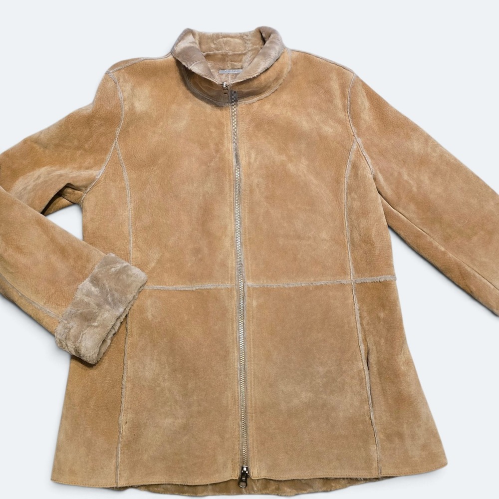 Vintage Guess Womens Medium Tan Faux Fur Shearling Suede Jacket Camel Brown